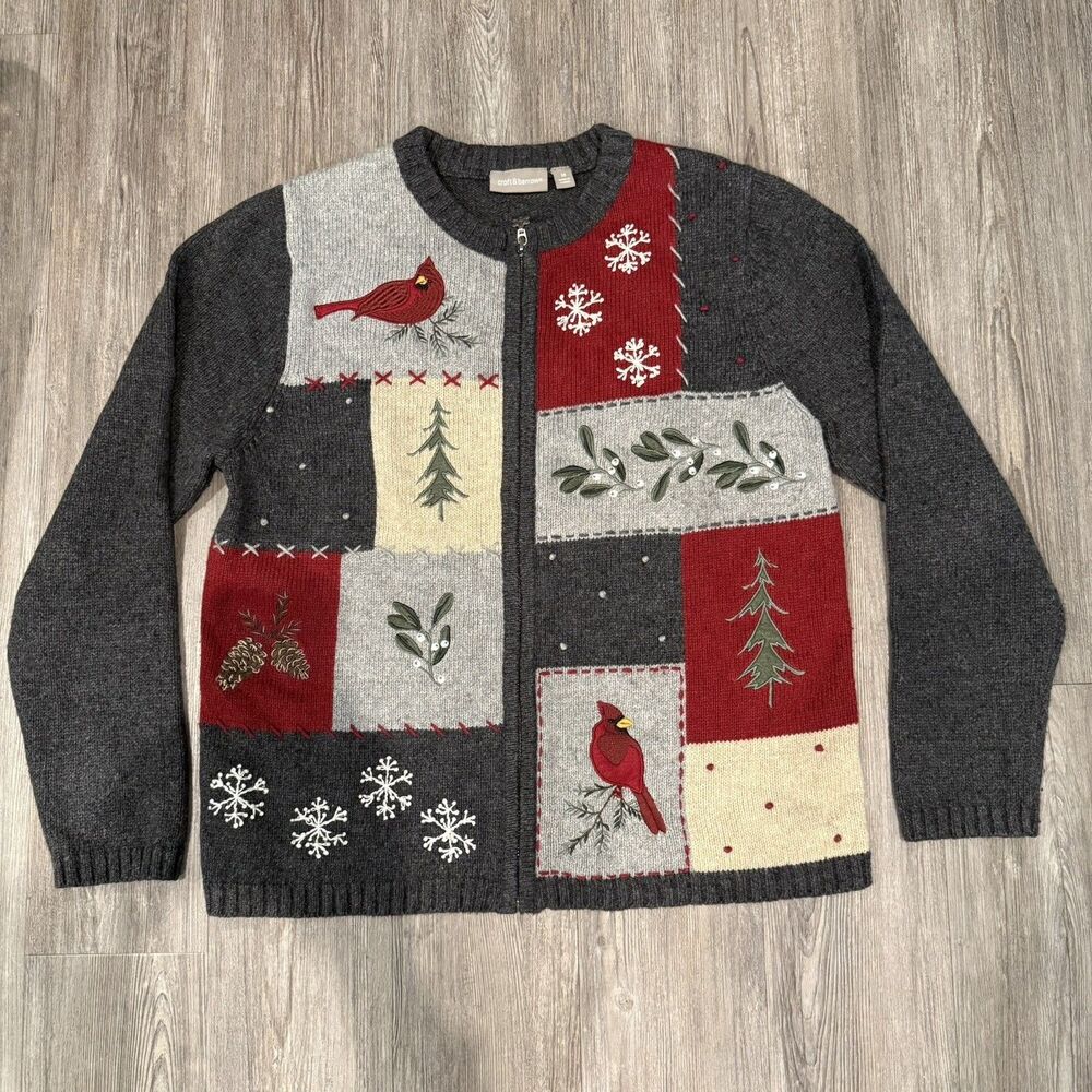 Vintage Christmas Sweater Croft&Barrow Patchwork Embroidered Cardinal Grandma M